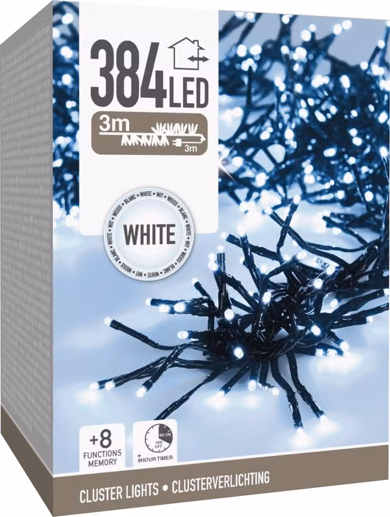 Catena luminosa a grappolo di LED, bianco freddo, 384 LED, cavo nero, interno/esterno, 6 m