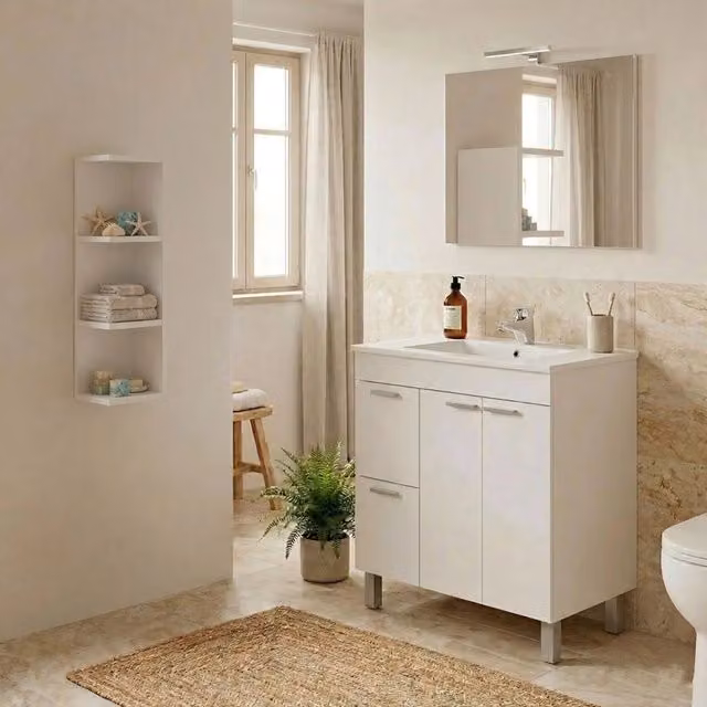 Set Mobili Bagno DMORA Trecase con Specchio, Bianco Lucido, L: 80 cm, P: 45 cm, H: 80 cm