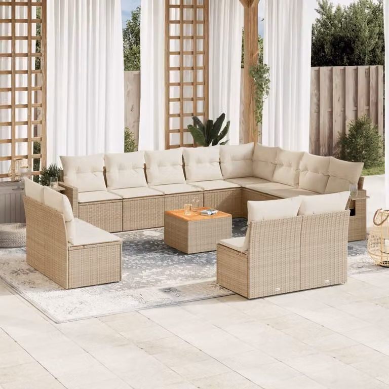 vidaXL Set Divano da Giardino a L 13 pz in Polyrattan con Cuscini Beige e Tavolino da Esterno