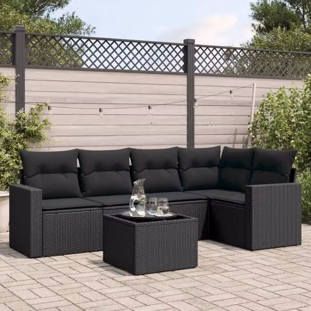Set Divano da Giardino 6 pz con Cuscini Nero in Polyrattan 3218925