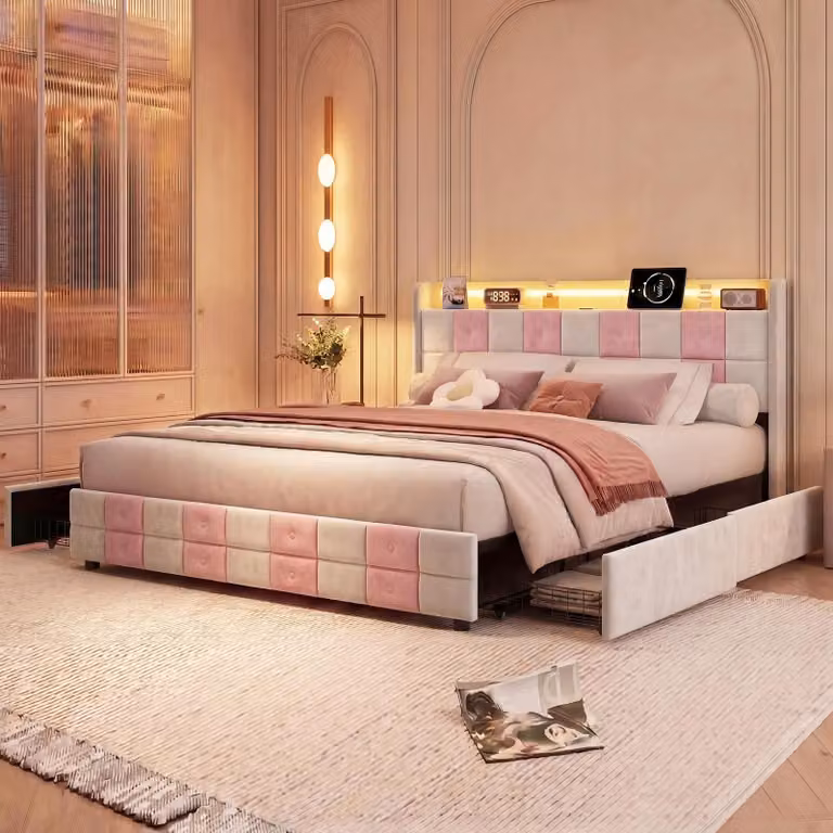 Letto imbottito 140x200 cm con 4 cassetti, sistema LED, testiera con prese USB e Type-C, rete a doghe, rivestito in velluto, colore bianco/rosa