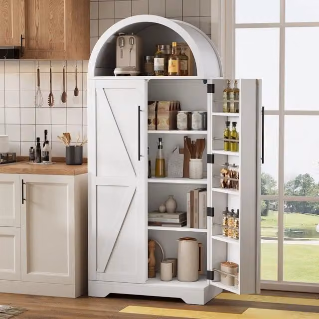 Mobile alto Minimal bianco in legno e MDF con ante e ripiani per cucina, soggiorno o camera, H 165 x L 70 x P 40 cm