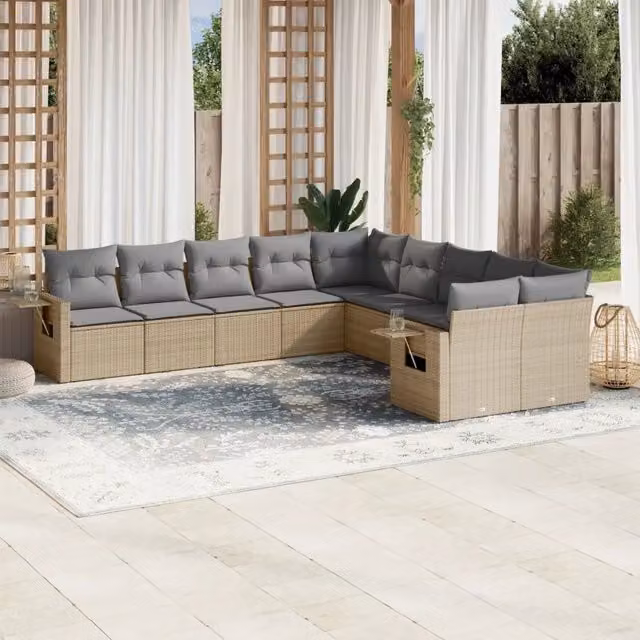 vidaXL Set Divano da Giardino a L in Polyrattan con Cuscini Beige e Grigio, 10 Pezzi con Tavolino e Poltrone Lounge – 1