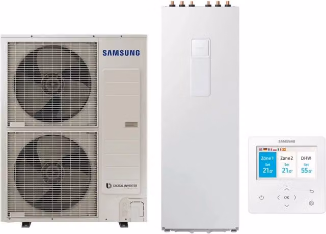 Pompa di Calore Aria-Acqua Split Samsung ClimateHub AE120RXYDEG/EU con Bollitore AE260RNWMEG/EU da 260 litri e Comando, Colore Bianco