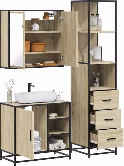 Set di mobili da bagno industrial vidaXL in legno e metallo marrone composto da armadietto con specchio, mobile lavabo e colonna alta, L/P/H: 65 x 33 x 166 cm