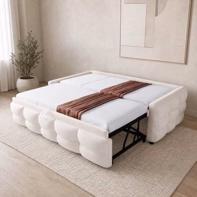 Letto Imbottito Estraibile REDOM in Tessuto Bouclé Beige L/P/H: 90 x 190 x 46,5 cm
