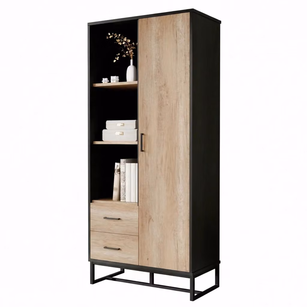 Credenza alta moderna nera con anta, cassetti e ripiani interni per soggiorno o ufficio, L: 80 cm, P: 40 cm, H: 180 cm – 2