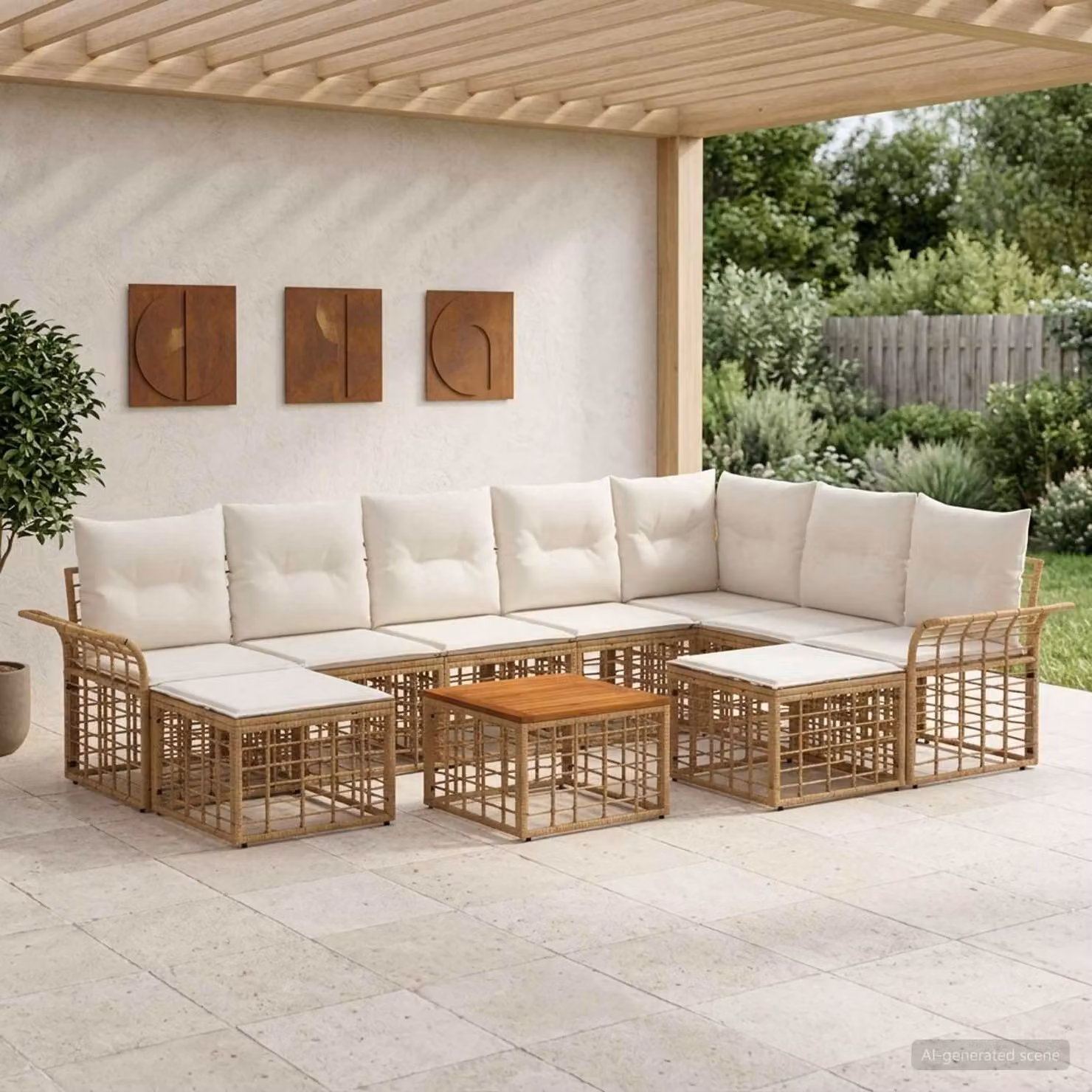 Maison Exclusive - Set da esterno per divano, 10 pezzi, 9 posti, color naturale e crema