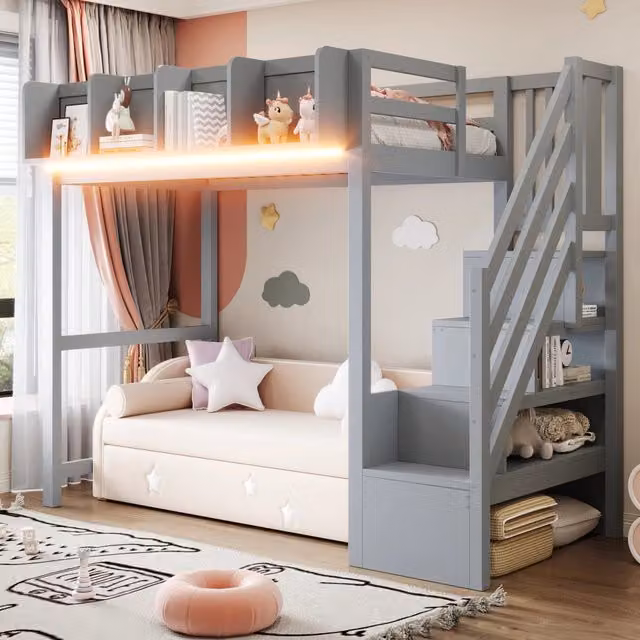 Letto a soppalco 90x200 cm grigio in legno con LED, ripiani e scala contenitore