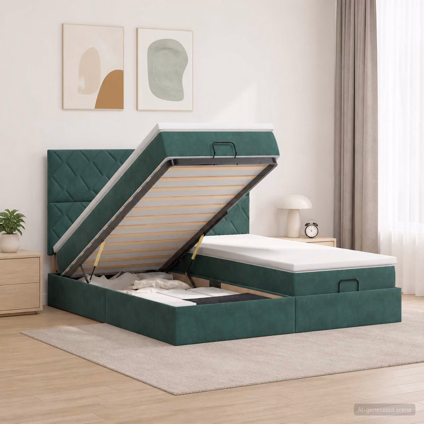 Letto ottomano con materasso 2 pezzi vidaXL in velluto verde scuro con contenitore a sollevamento L: 160 cm, P: 200 cm, H: 88 cm