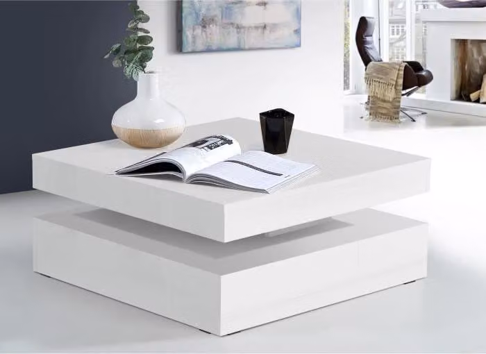 Tavolino da salotto, piano girevole, quadrato, 78 x 78 x 36 cm, bianco lucido