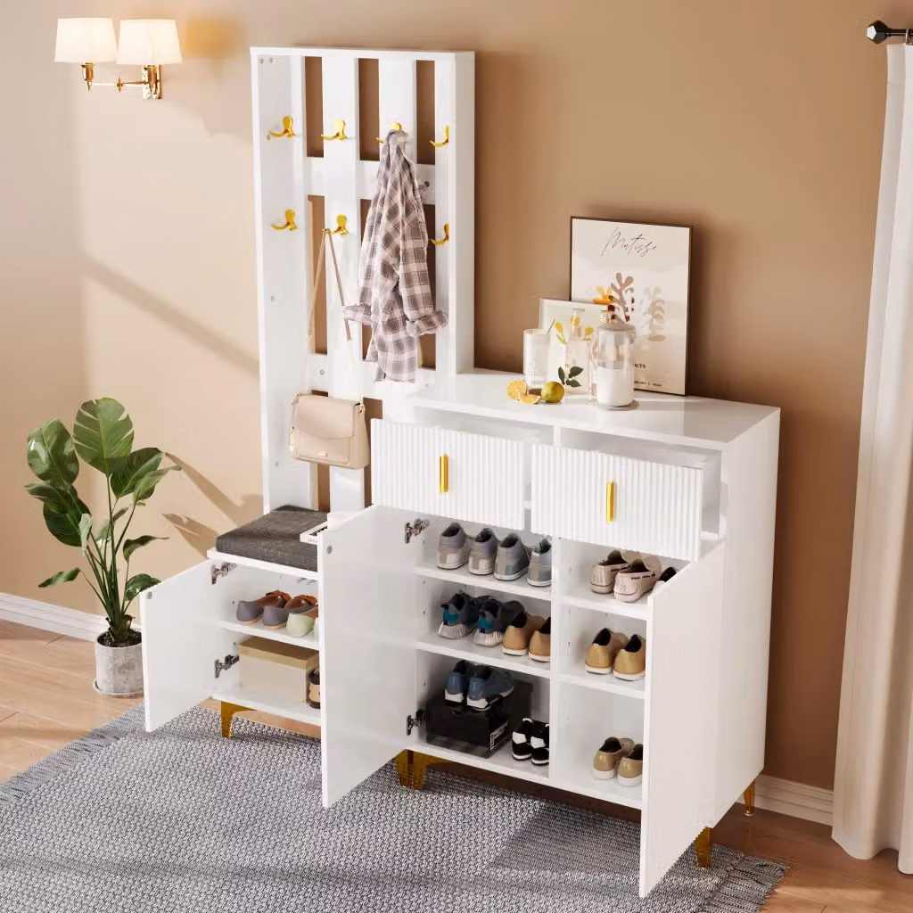 Mobile da ingresso moderno bianco con scarpiera, 2 ante, 2 cassetti e seduta imbottita integrata, L: 180.5 cm, P: 35.2 cm, H: 60.5 cm – 2
