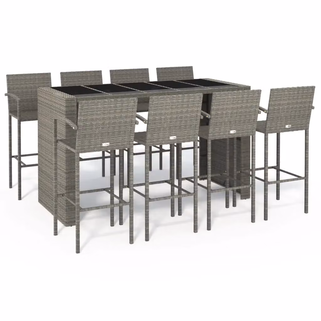 Set da Bar da Giardino vidaXL in Polyrattan Grigio e Nero con Piano in Vetro, 9 Pezzi – 2