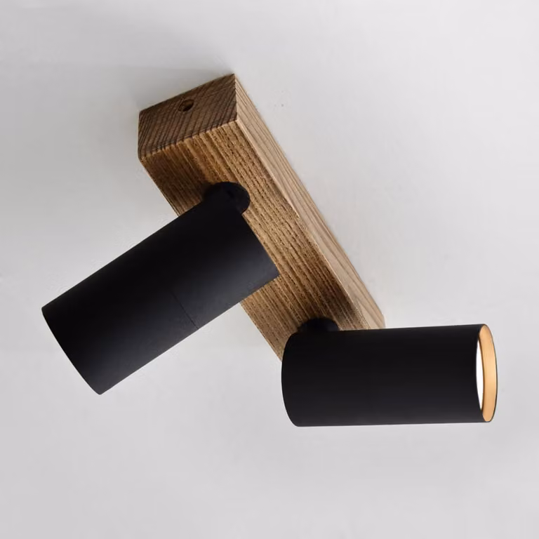 Lampada a soffitto a due luci, orientabile, attacco GU10, colore nero, materiali: legno e metallo