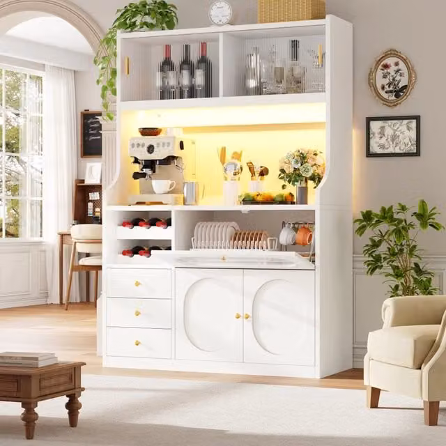 Credenza alta da cucina WISHDOR bianca con ante scorrevoli in vetro, portabottiglie e illuminazione integrata L/P/H: 120 x 40 x 180 cm