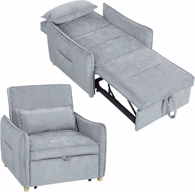 Poltrona Letto 3 in 1 con Schienale Reclinabile e Cuscino, Rivestimento in Ciniglia, 88x84x87 cm, Grigio