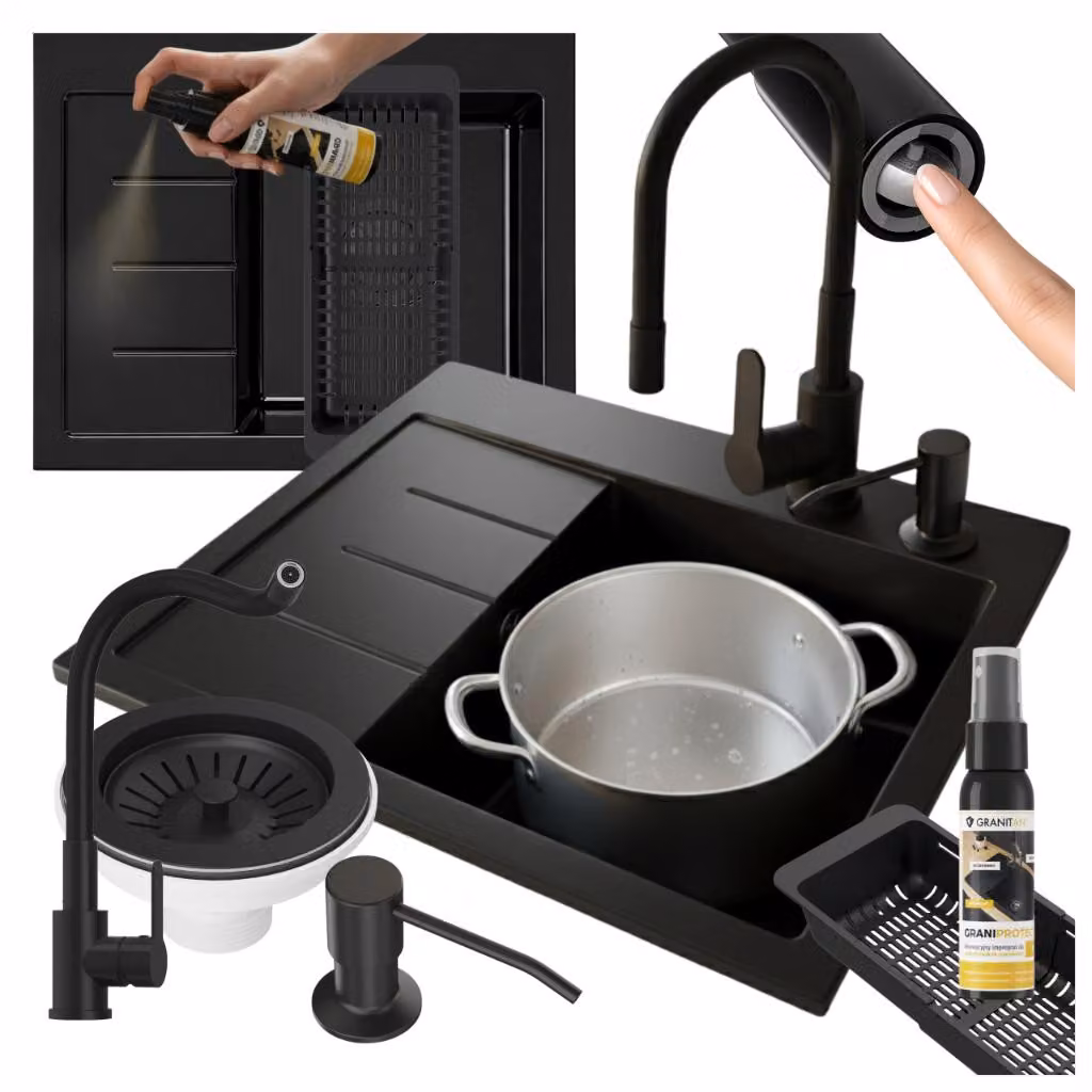 Granitan - Lavello in granito - Lavello da cucina - Lavello 60x50 cm - Nero - con rubinetteria e scolapiatti - AMBER
