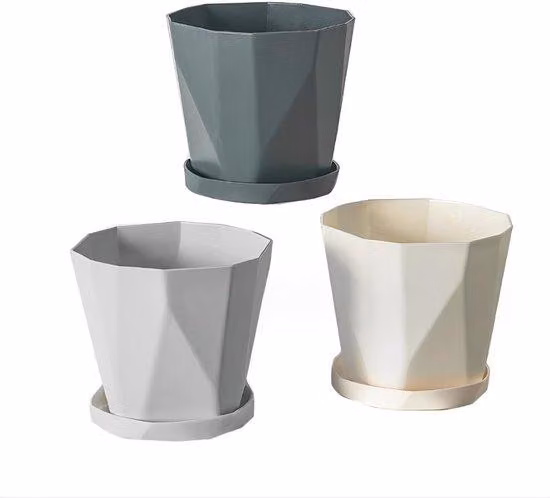 Set di 3 vasi in plastica, piccoli, per interni ed esterni, con sistema di drenaggio e vassoio di supporto