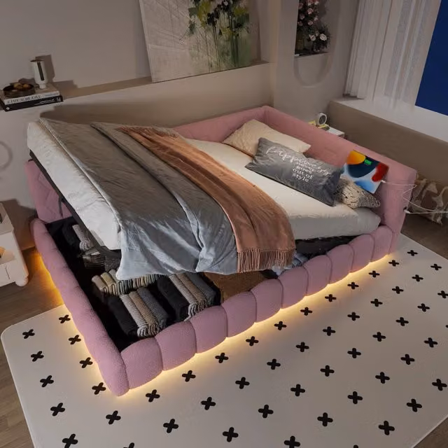 Letto divano 140 × 200 cm 2 posti con vano idraulico, USB, porta tipo C e LED regolabile, senza materasso, rosa