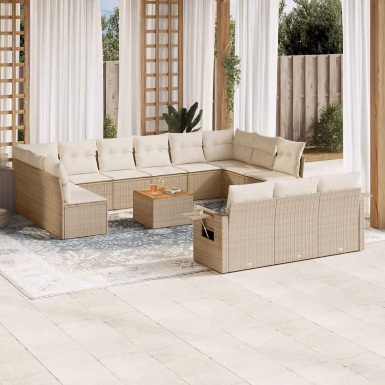 vidaXL Set Divani da Giardino a L in Polyrattan Beige con Cuscini e Tavolino da Esterno