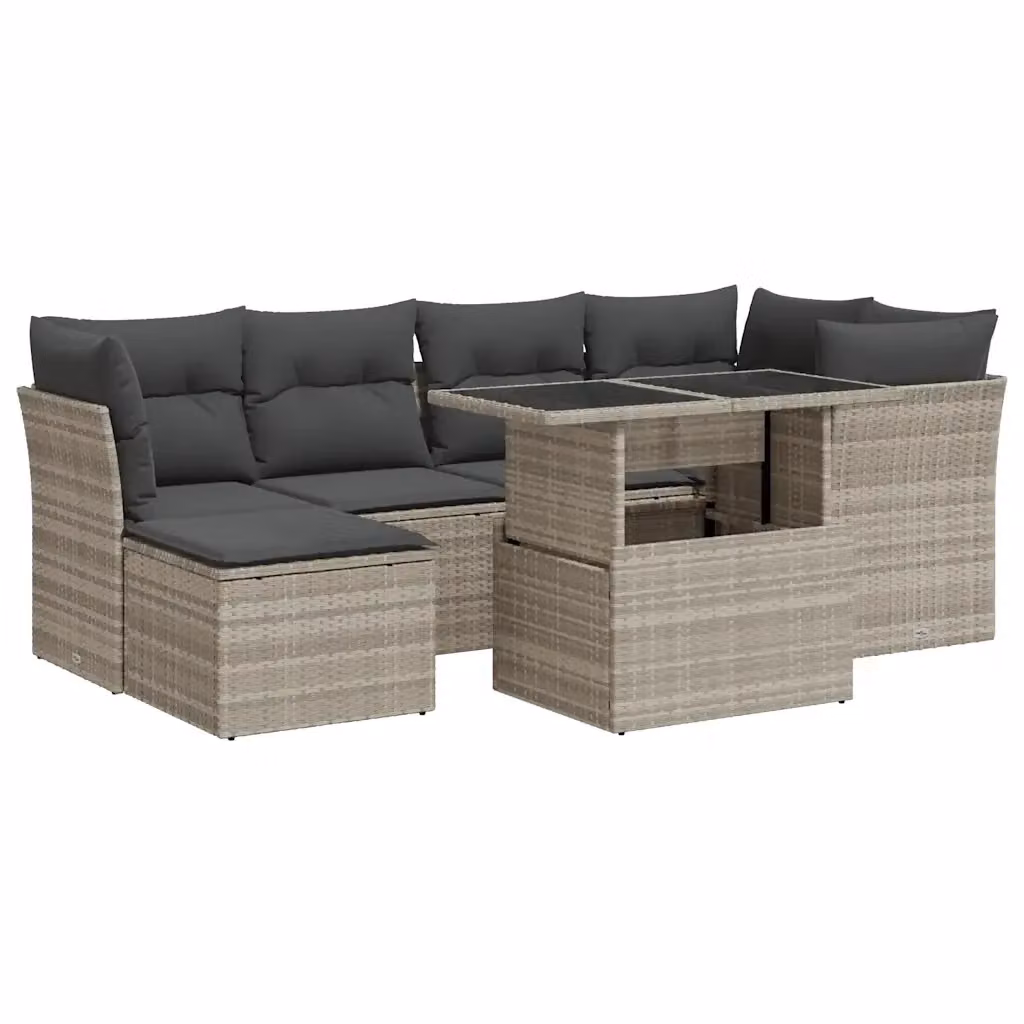 Set da giardino moderno vidaXL composto da 7 pezzi con divano a L, tavolino e cuscini grigi in rattan e metallo – 2