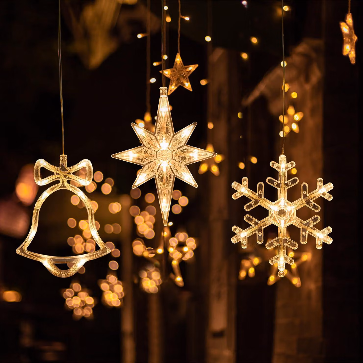 Set di 3 luci decorative a LED per finestre: stelle, fiocchi di neve, campana