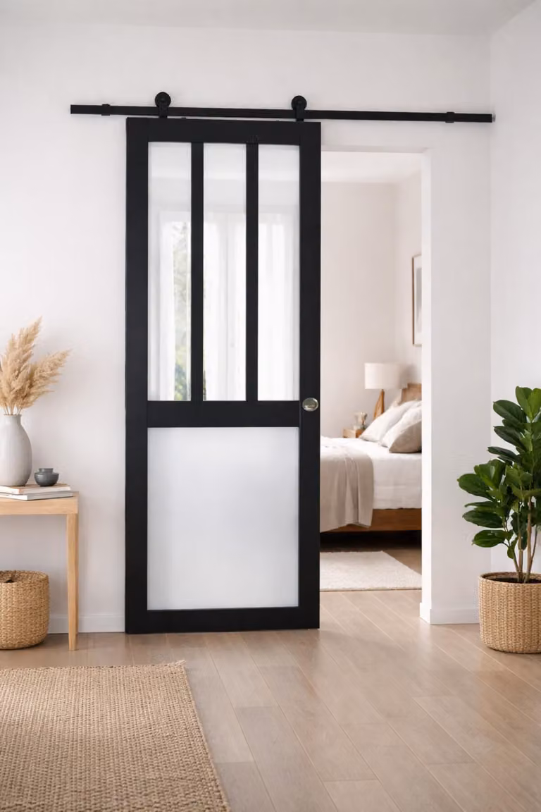 Porta scorrevole da officina nera, bianca con vetro H204 x L83 cm, binario con rotelle, gusci Gd Menuiseries
