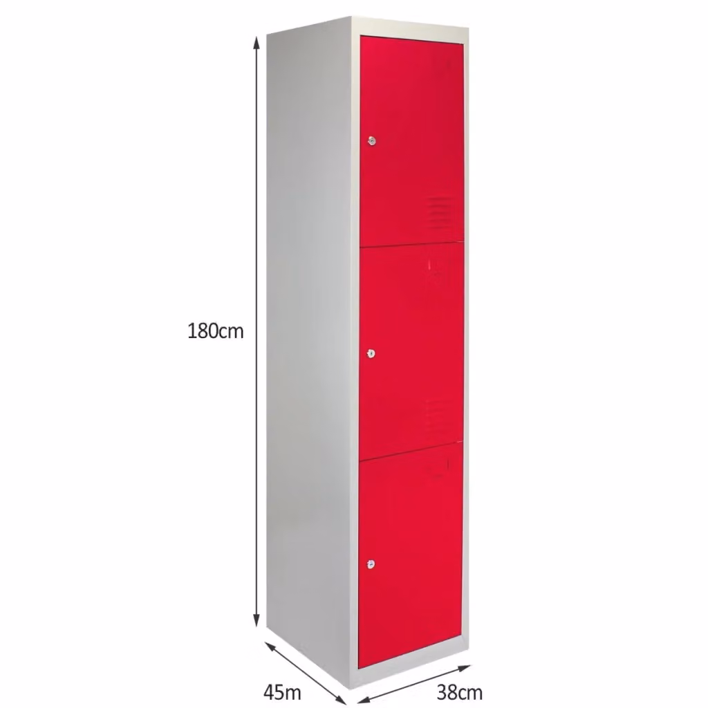 Armadietto in metallo MONSTER SHOP con 3 ante battenti per scuole e palestre, colore rosso e grigio, H: 180 cm, L: 45 cm, P: 38 cm – 2