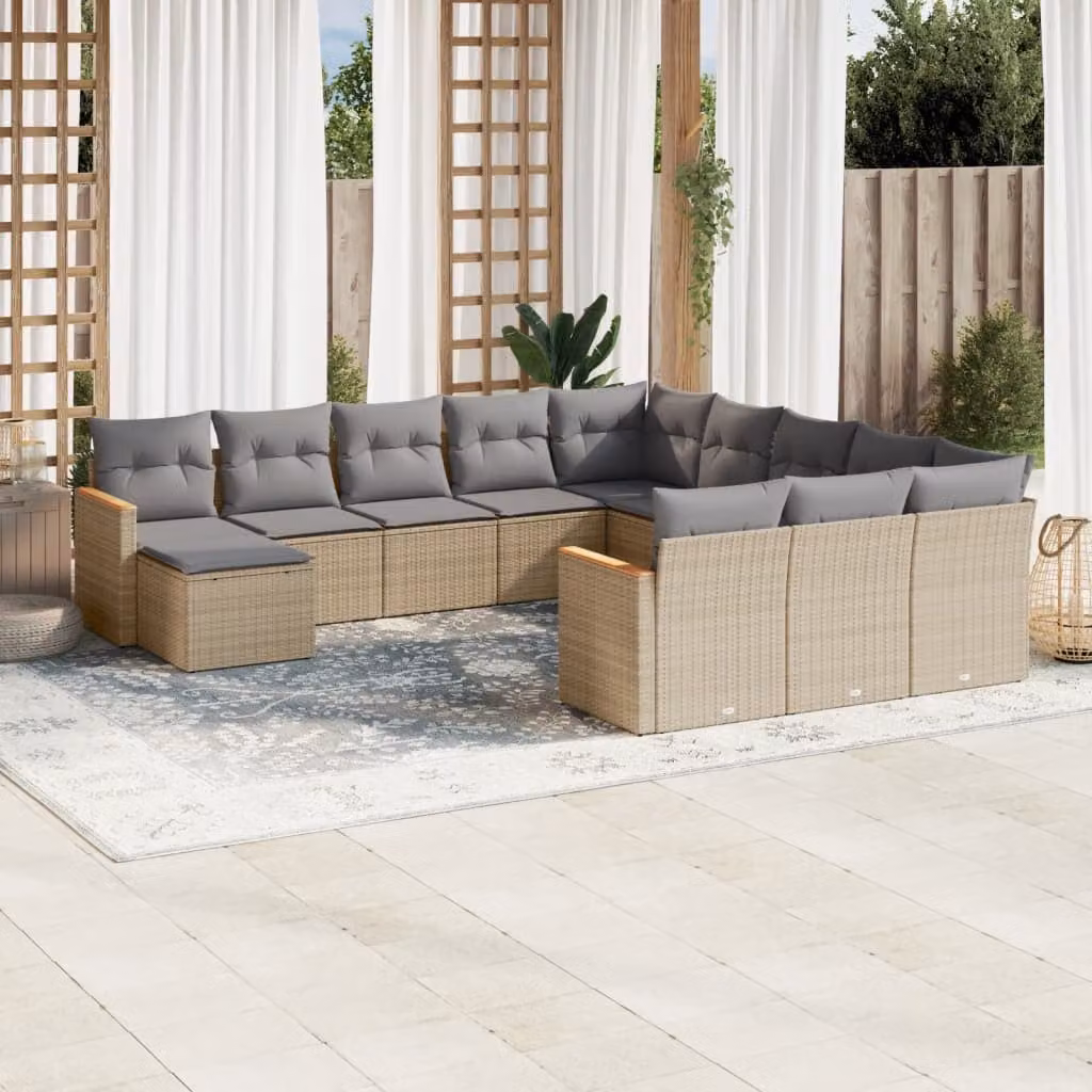 vidaXL Set Divano da Giardino a Forma di U in Polyrattan con Cuscini Beige e Grigio, 12 Pezzi