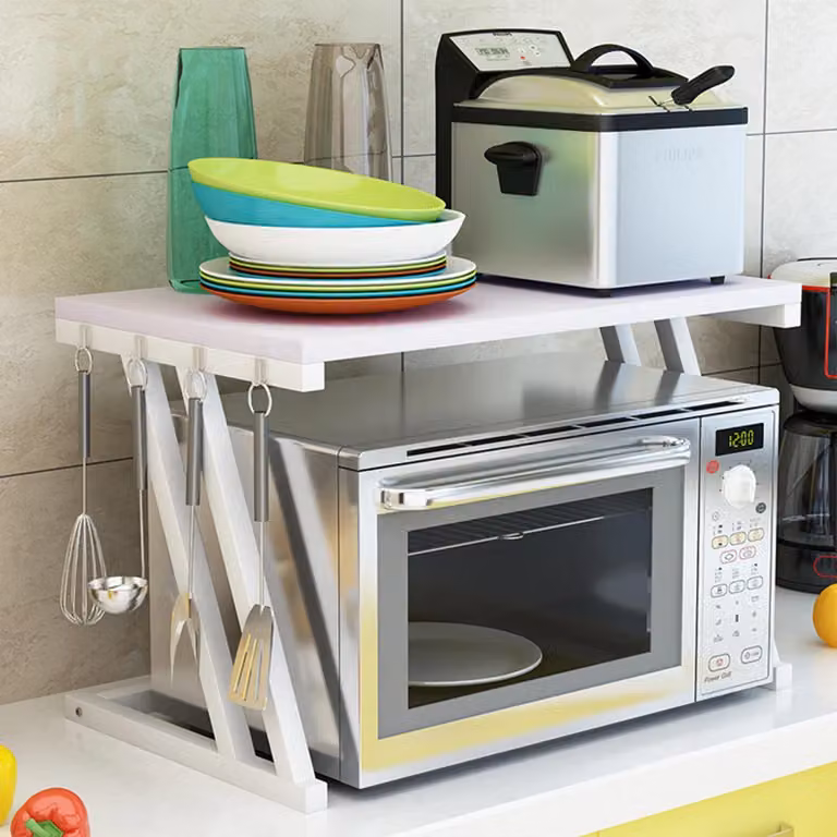 Ripiano per microonde - Scaffale da cucina per microonde - Con vano portaoggetti - Salvaspazio - 57 x 38 x 38 cm - Bianco
