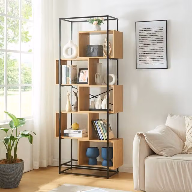 Libreria Rennebu en.casa con 5 Scomparti Aperti in Stile Industrial, Colore Rovere e Nero, L: 66,5 cm, H: 194 cm, P: 33 cm
