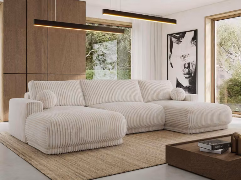 MKS MEBLE Divano ad angolo XXL RINA, divano componibile a forma di U con funzione letto e molle ondulate, funzione letto a scomparsa - Velluto a coste beige