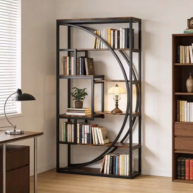 Libreria 80x30x179 cm a 6 ripiani in metallo e legno nera e marrone rustico