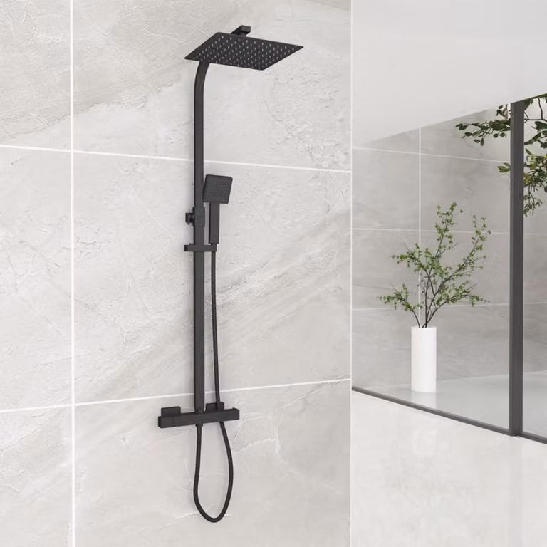 Sistema doccia con termostato, colore nero, soffione quadrato da 245 mm, colonna doccia in acciaio inossidabile con tubo flessibile da 150 cm