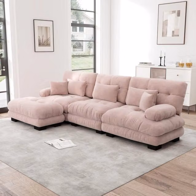 Divano modulare con ottomani mobili in ciniglia rosa 313×145×81 cm