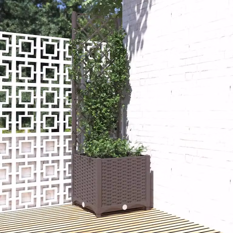 vidaXL Fioriera da Giardino con Graticcio per Piante Rampicanti Marrone in Plastica L/P/H: 40 x 40 x 136 cm