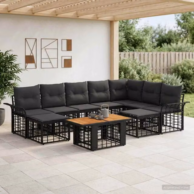 Set Divano da Giardino 10 pz Nero e Grigio scuro polyrattan 3438037