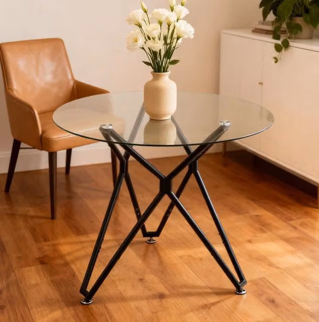 Tavolo da pranzo rotondo ULEVR 90x90x78 cm in vetro temperato nero con gambe in metallo