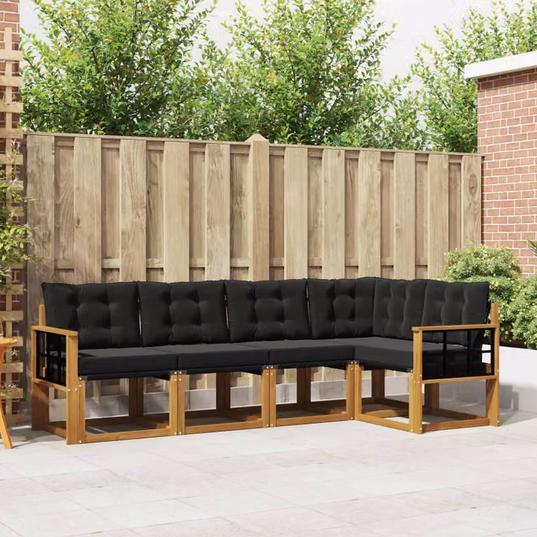 Set di divani da esterno vidaXL 5 pz a forma di L in legno di acacia con cuscini, colore marrone e nero