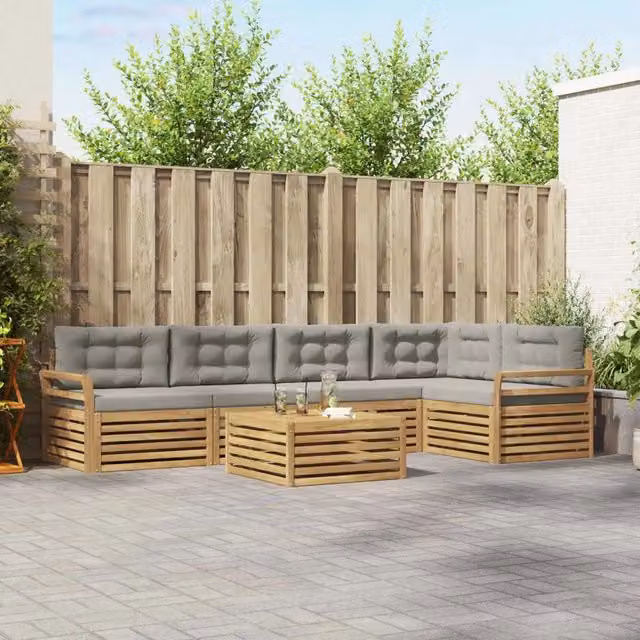 Set di divani da esterno a L vidaXL composto da 6 pezzi con tavolino da caffè, in legno di acacia e tessuto resistente ai raggi UV, colori bianco e grigio
