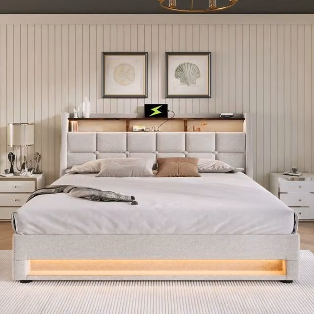 Letto imbottito 160x200 con LED; USB e contenitore; struttura in lino beige chiaro