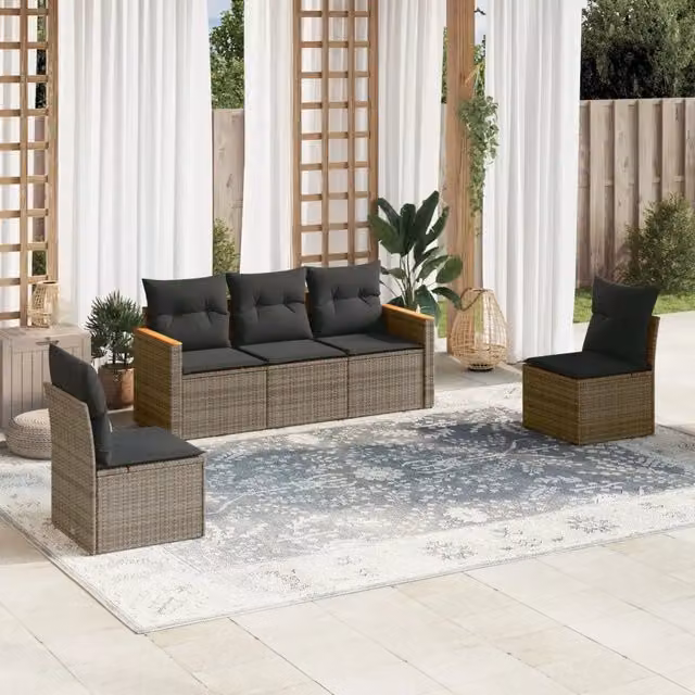 Set Divano da Giardino a L vidaXL in Polyrattan Grigio con 5 Pezzi e Cuscini Inclusi – 1
