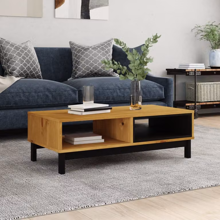 vidaXL Tavolino da Salotto FLAM in Legno Massello di Pino Marrone L: 100 cm, P: 50 cm, H: 32,5 cm