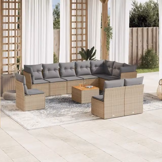 Set Divano da Giardino a Forma di U vidaXL in Polyrattan con Cuscini Beige e Grigio 11 Pezzi