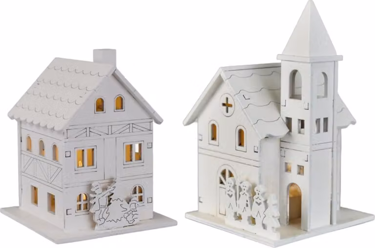 Casetta in legno 10x8 cm e chiesa 13x8 cm bianche con LED, set di 2