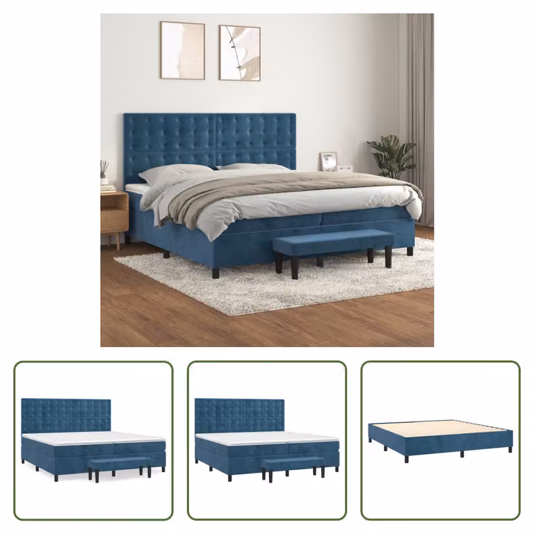 The Living Store Letto a molle con materasso blu scuro 200x200 cm in velluto