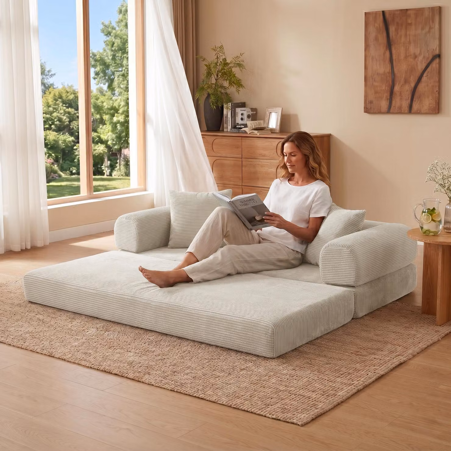 LVHOM Divano letto 2 in 1 pieghevole in velluto a coste, divano senza montaggio, letto per ospiti Divano letto per soggiorno e camera dei ragazzi, 195x89x59, beige