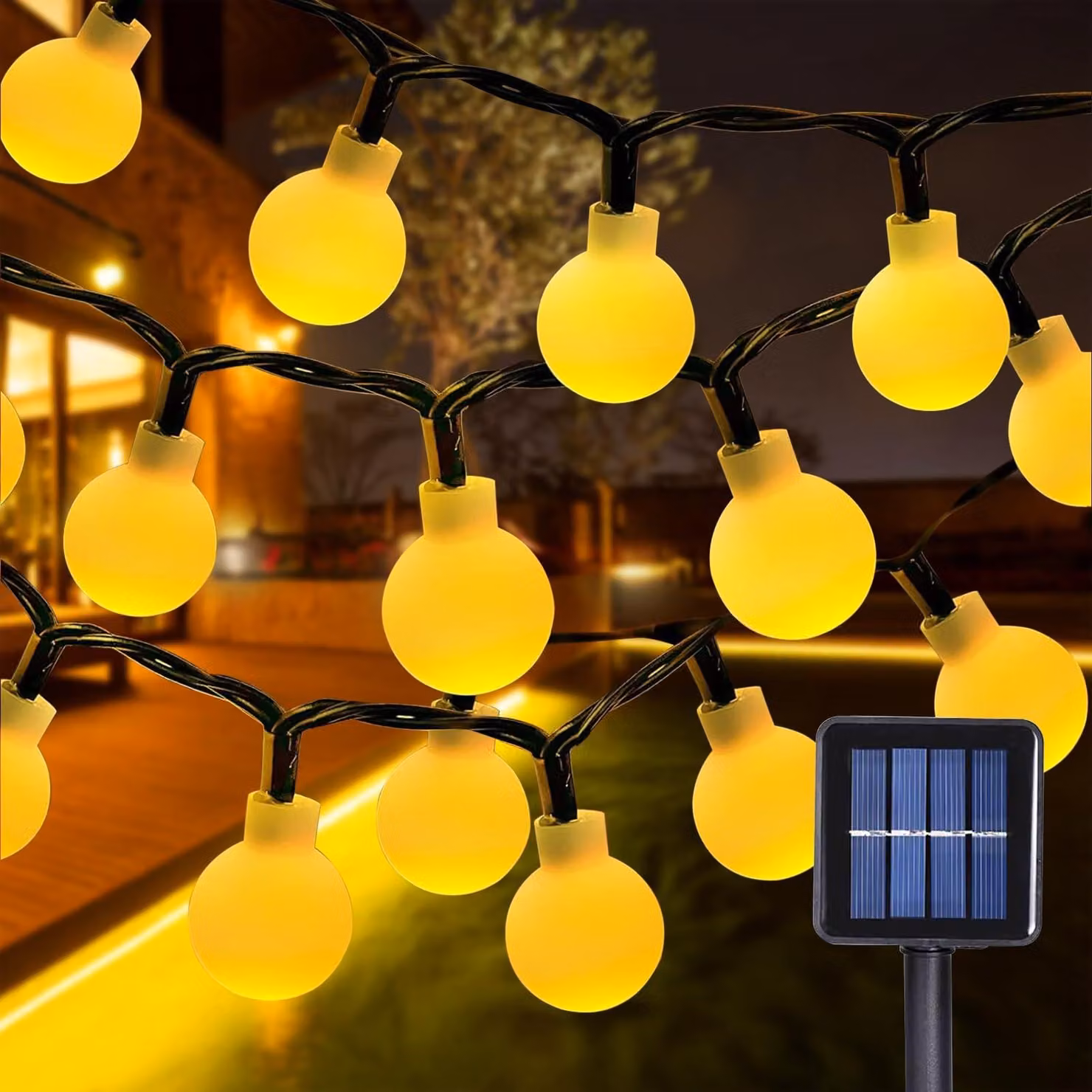Catena luminosa solare a forma di sfera, 12 metri, 100 LED, 8 modalità, luce bianco caldo, grado di protezione IP65