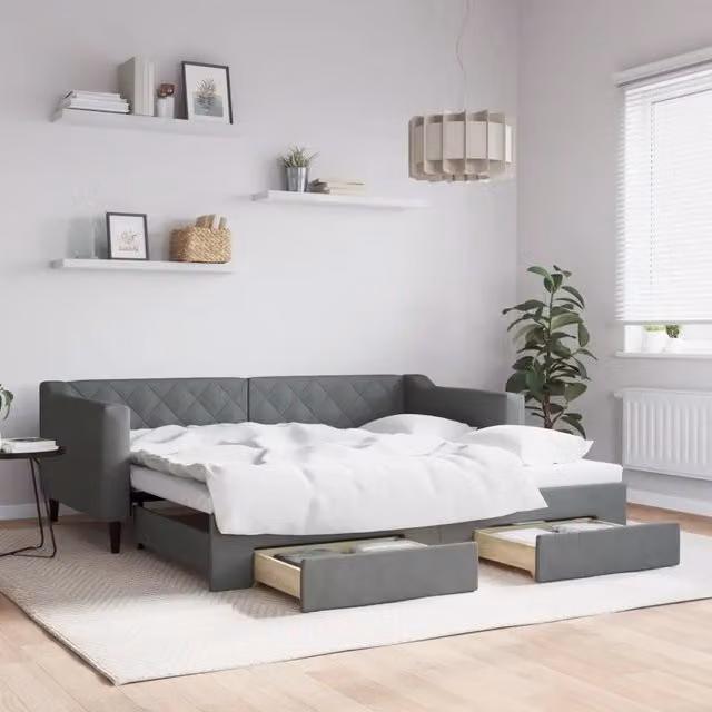 Divano Letto Estraibile con Cassetti vidaXL in Tessuto Grigio per Soggiorno e Camera da Letto L/P: 90 x 190 cm – 1