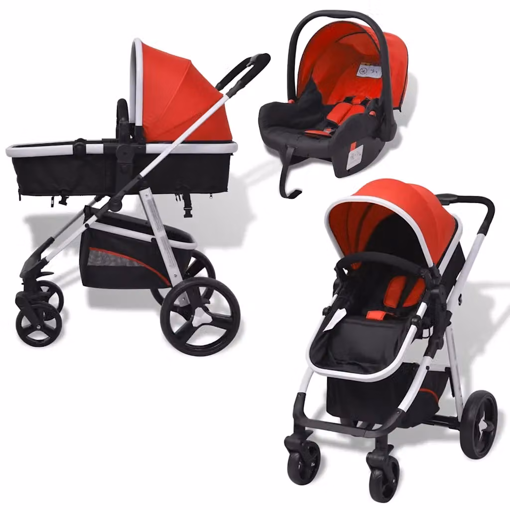 Passeggino 3 in 1 convertible vidaXL rosso e nero con cestello, seggiolino auto e ruote piroettanti – 2